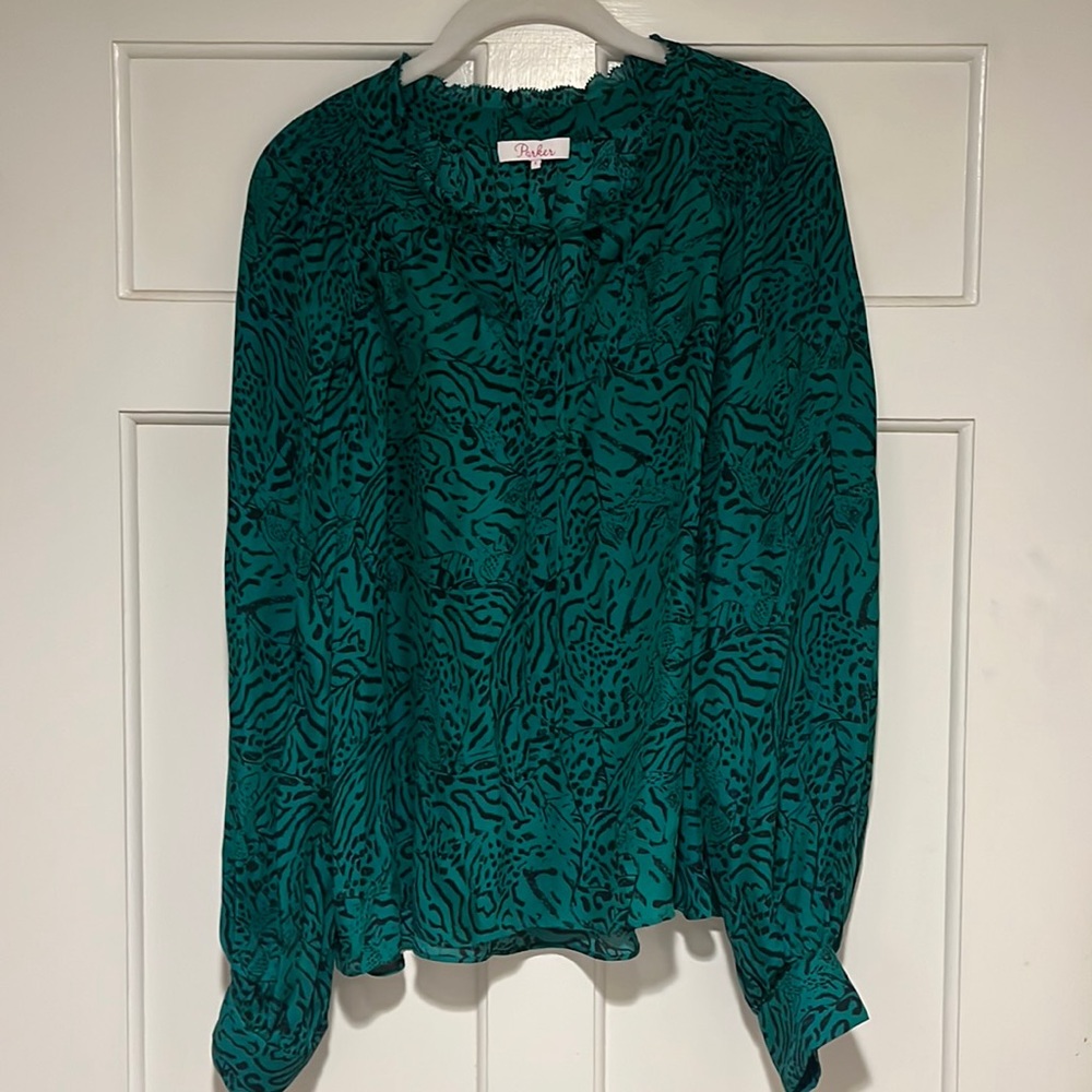 Parker green and black silk blend blouse.